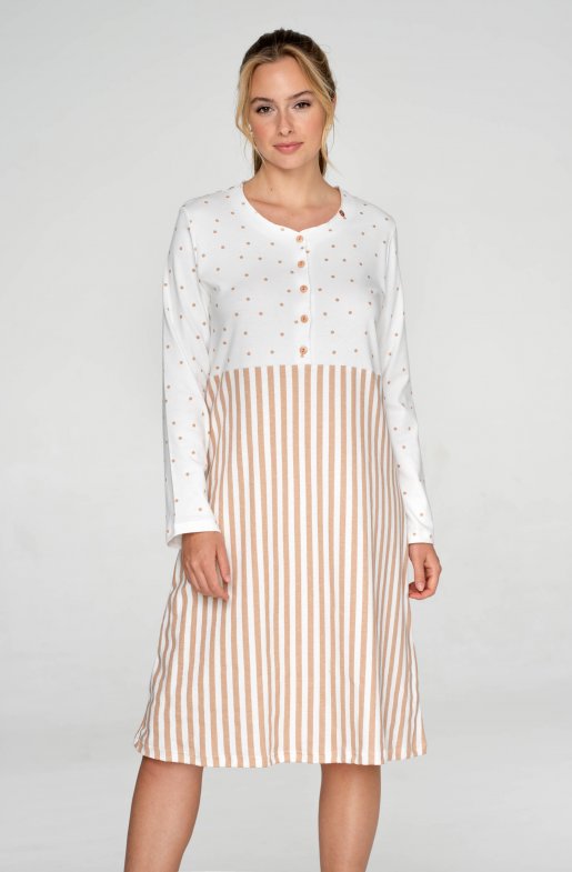 Bavlnená nočná košeľa s dlhým rukávom Beige Dots
