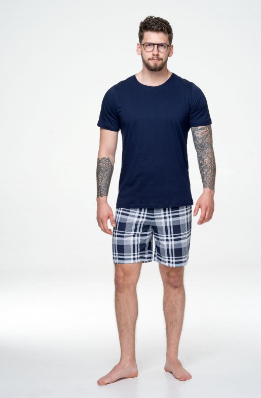 Pánské bavlněné pyžamo Navy Cubes s kraťasy